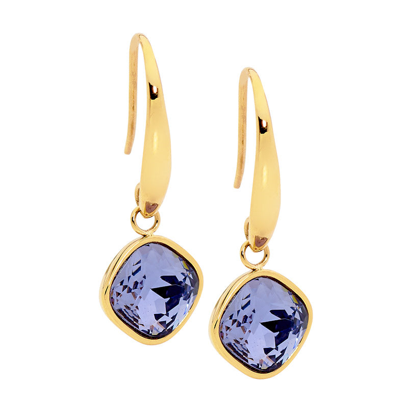 Stainless Steel Amethyst Glass Square Drop Earrings w/ Gold IP Plating