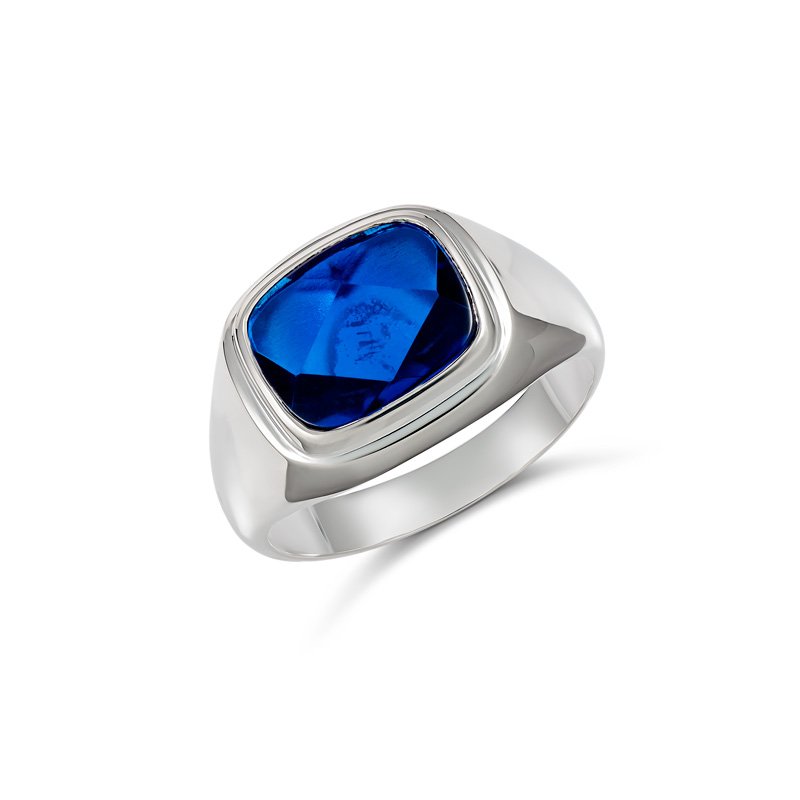 STERLING SILVER 12X10mm CUSHION SYNTHETIC BLUE SPINEL GENTS RING size V